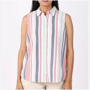 DASH S linen/rayon Collared Sleeveless Button Up Pink Blue Cream Women's Top